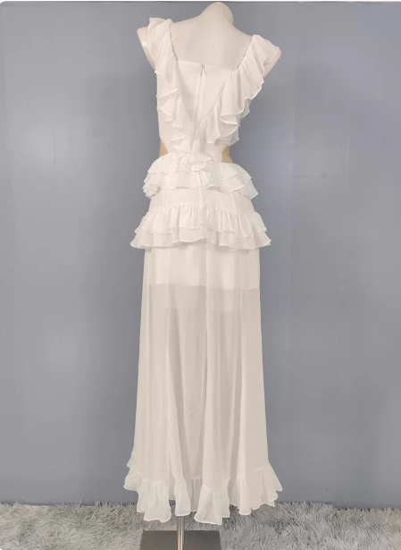 Elegantes weißes V-Ausschnitt Rüschen Chiffon Langes Ballkleid Abendkleid P4487
