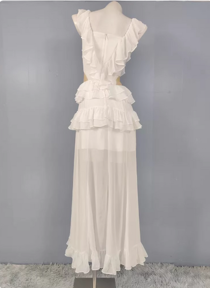 Elegantes weißes V-Ausschnitt Rüschen Chiffon Langes Ballkleid Abendkleid P4487
