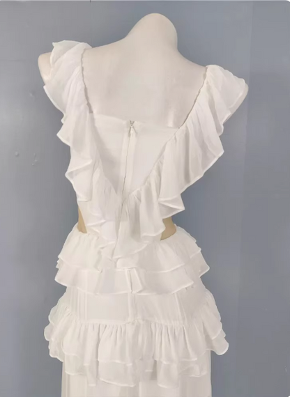 Elegantes weißes V-Ausschnitt Rüschen Chiffon Langes Ballkleid Abendkleid P4487