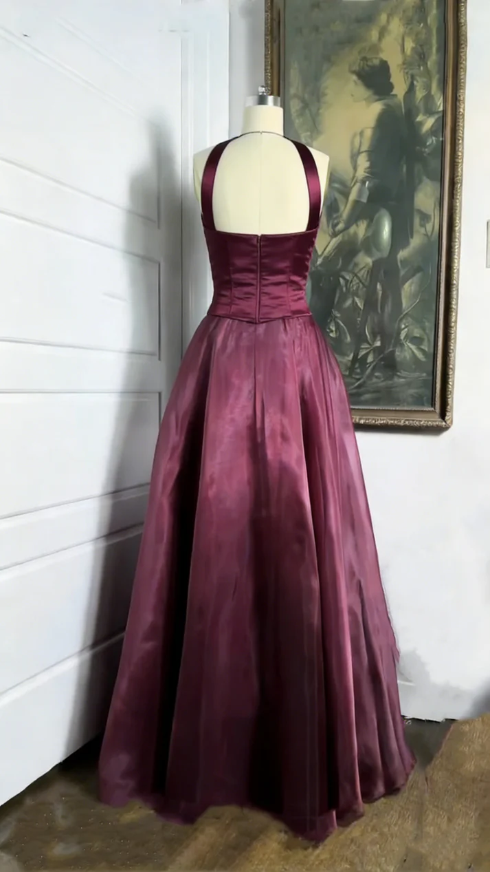 Elegantes A-Linien Neckholder-Abendkleid in Bordeauxrot, ärmellos, aus Organza, langes Ballkleid P2334