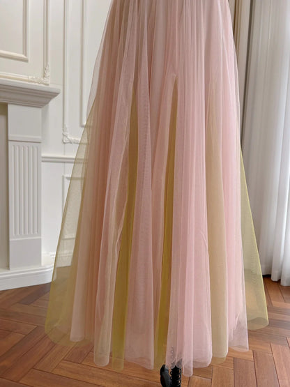 Robe de soirée longue trapèze en tulle à paillettes avec bretelles rose doux P4049