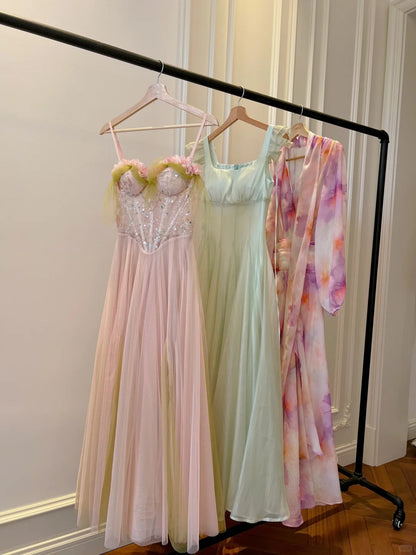 Robe de soirée longue trapèze en tulle à paillettes avec bretelles rose doux P4049
