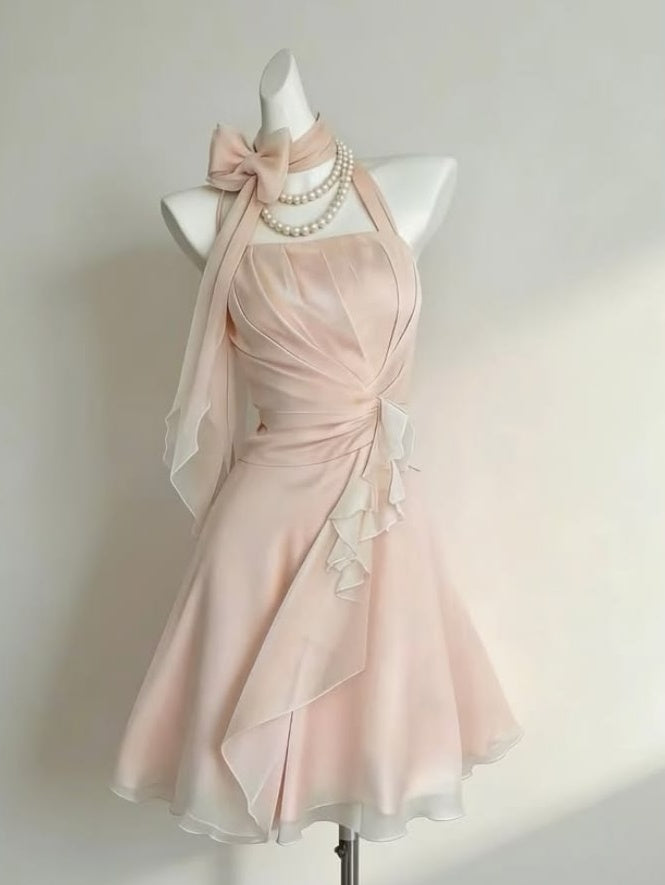 Stunning Homecoming Dress Light Pink Halter Short Birthday Dress Back to School Outfits P4913