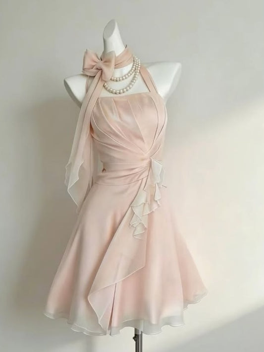Stunning Homecoming Dress Light Pink Halter Short Birthday Dress Back to School Outfits P4913