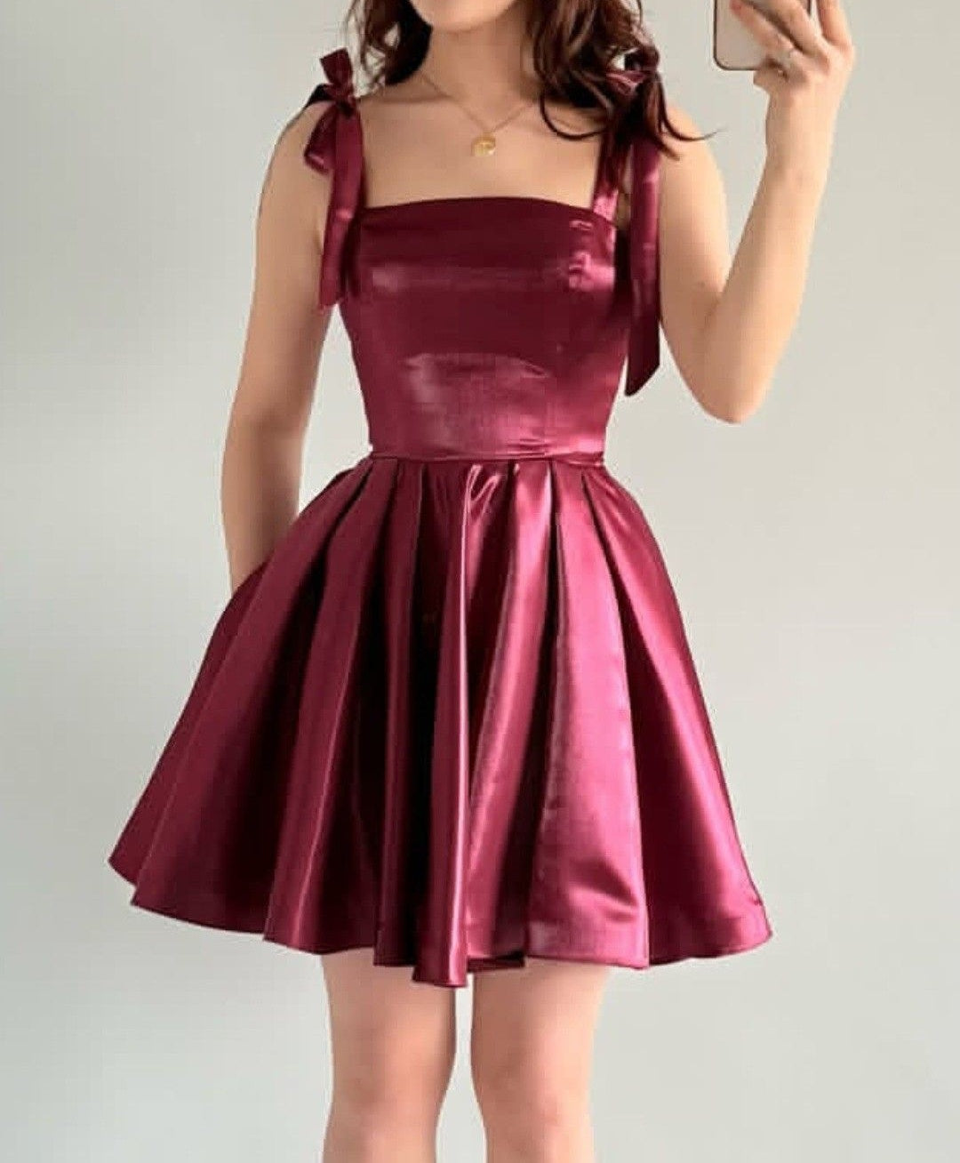 Beauty Homecoming Dress Satin A Line Burgundy Spahetti Straps Pleated Short Birthday Dress Cocktail Dress   P4919