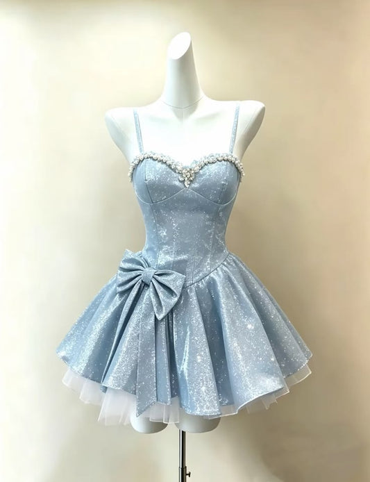 Shiny Homecoming Dress A Line Light Blue Spahetti Straps Pleated Short Birthday Dress Cocktail Dress   P4920