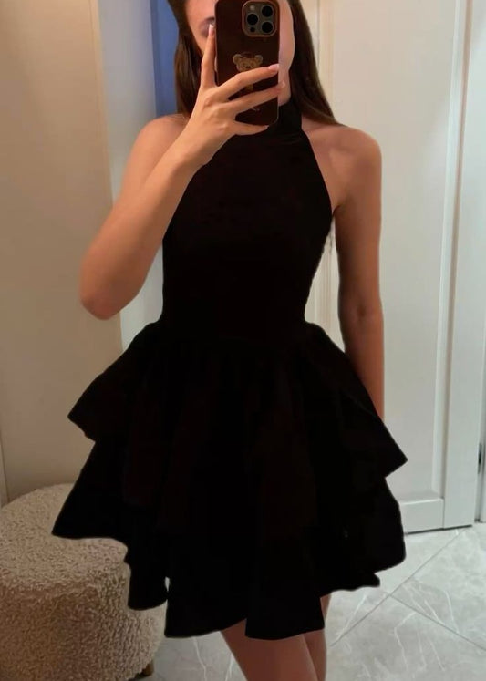 Elegant Homecoming Dress A Line Black Halter Cocktail Dress Short Birthday Dress    P4921