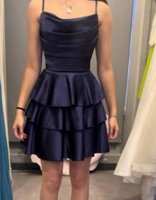 Charming Homecoming Dress A Line Satin Spaghetti Straps Pleated Cocktail Dress Short Birthday Dress    P4926