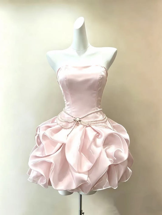 Elegant Homecoming Dress Strapless Light Pink Pleated Cocktail Dress Short Birthday Dress    P4927