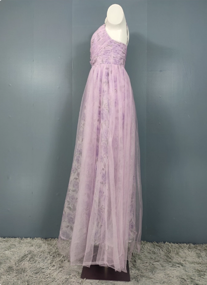 Elegantes Lavendel A-Linie V-Ausschnitt Spaghettiträger Tüll Langes Ballkleid Abendkleid P4495