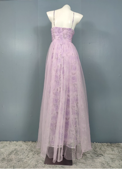 Elegantes Lavendel A-Linie V-Ausschnitt Spaghettiträger Tüll Langes Ballkleid Abendkleid P4495