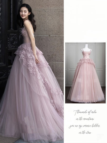 Modest Ball Gown Straps Pink Tulle Prom Dresses 22th Birthday Outfit P1786