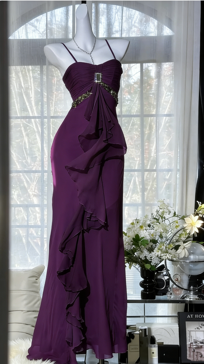 Frisches grünes Spaghetti-Träger-Kleid aus Chiffon mit gestuften Rüschen, langes Abschlussballkleid, Abendkleid P4818