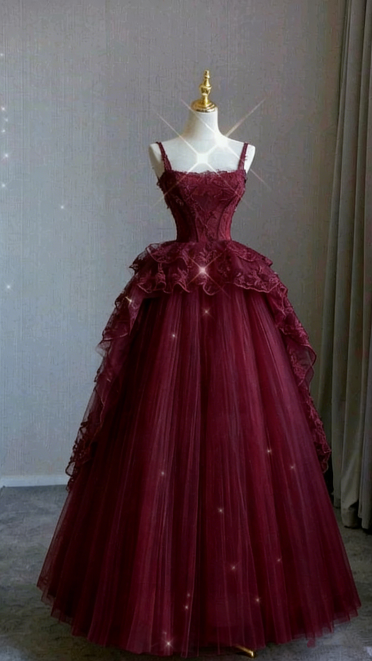 Modest Ball Gown Straps Pink Tulle Prom Dresses 22th Birthday Outfit P1786