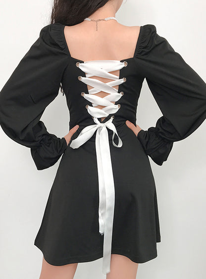 A-Linie Langarm Kurzes Kleid Schwarz P342