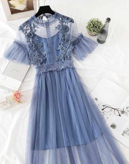 Süßes A-Linien-Kleid aus Tüll mit Spitzenapplikationen, Sommerkleid P337