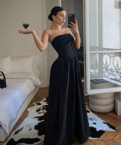 Robes de bal sirène noires sexy sans bretelles, tenues d'anniversaire pour les 17 ans P403