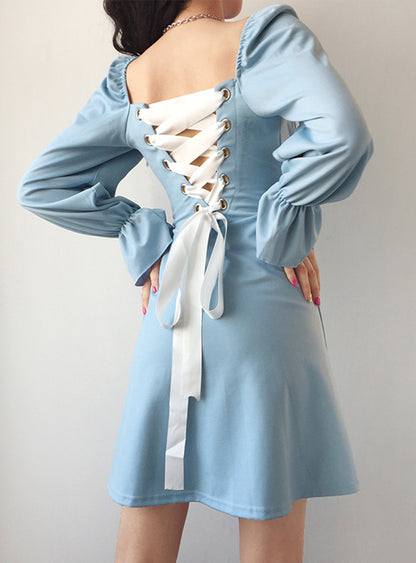 A-Linie Langarm Kurzes Kleid Schwarz P342
