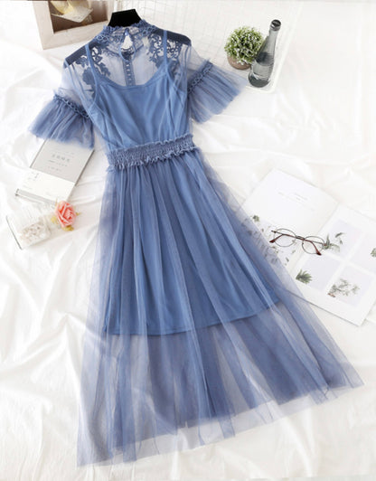 Süßes A-Linien-Kleid aus Tüll mit Spitzenapplikationen, Sommerkleid P337