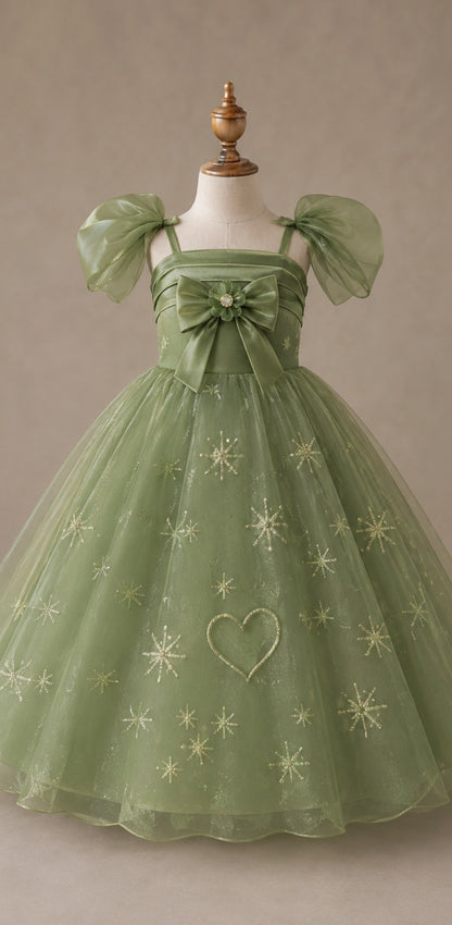 Green spaghetti strap A-line flower girl dress P5012