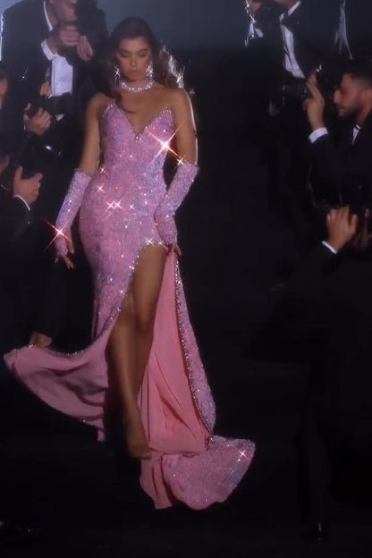 Gorgeous Pink Sleeveless Split Front Mermaid Prom Dress With Glitter Birthday Outfits P373 - AS PHOTO / US2 Gorgeous Pink Sleeveless Split Front Mermaid Prom Dress With Glitter Birthday Outfits P373 - AS PHOTO / US2