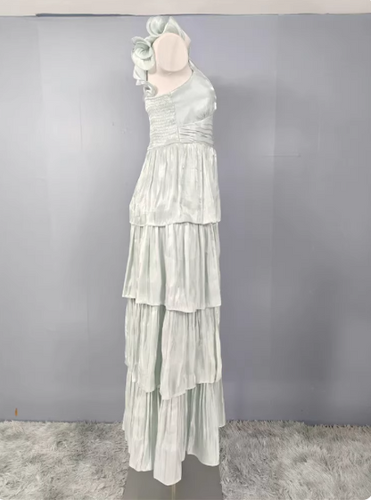 Vintage Salbeigrün A-Linie V-Ausschnitt Satin Gestuftes Langes Ballkleid Abendkleid P4501