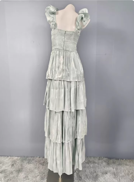 Vintage Dusty Sage A-line V-neck Satin Tiered Long Prom Dress Evening Dress P4501