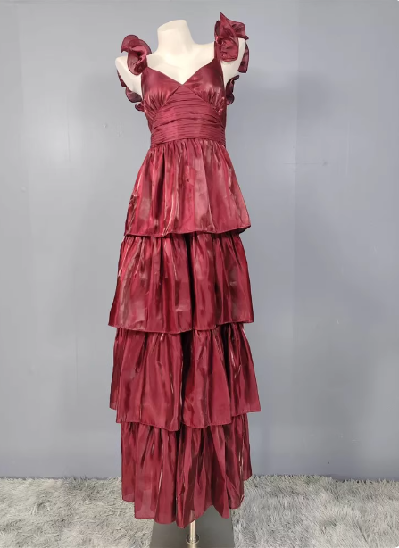 Vintage Dusty Sage A-line V-neck Satin Tiered Long Prom Dress Evening Dress P4501