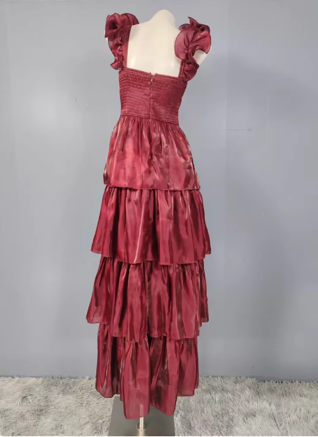 Vintage Dusty Sage A-line V-neck Satin Tiered Long Prom Dress Evening Dress P4501