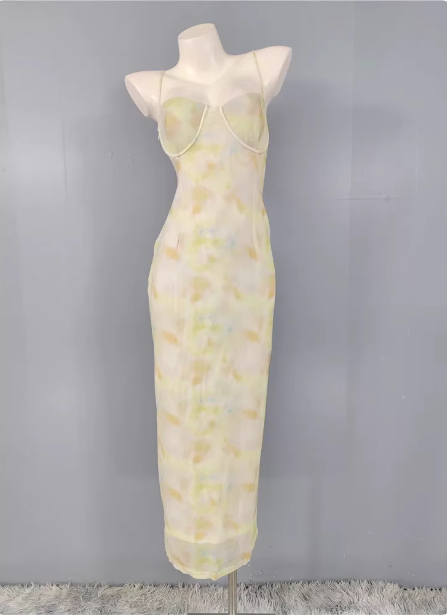 Fresh Gradient Print Spaghetti Strap Chiffon Long Prom Dress P4502