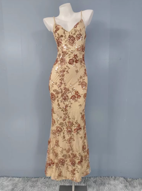 Vintage Champagner Gold Spaghetti-Träger V-Ausschnitt Pailletten Rosen Langes Ballkleid Abendkleid P4504