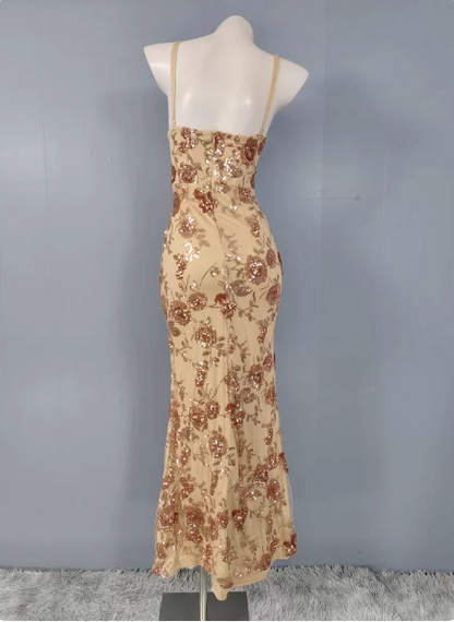 Vintage Champagner Gold Spaghetti-Träger V-Ausschnitt Pailletten Rosen Langes Ballkleid Abendkleid P4504