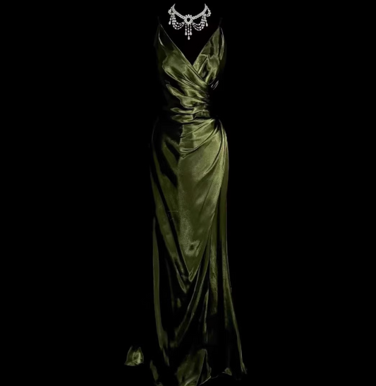 Elegant Dark Green Spaghetti Strap V-neck Ruched Satin Long Prom Dress Evening Dress P4505