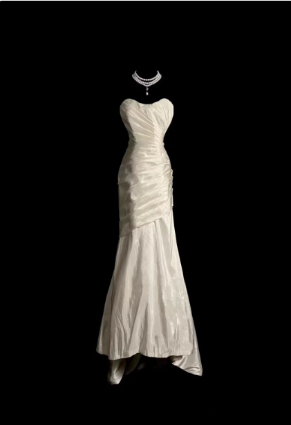 Vintage Elfenbein Meerjungfrau Trägerlos Gerafft Satin Langes Ballkleid Abendkleid P4506