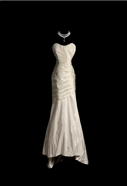 Vintage Elfenbein Meerjungfrau Trägerlos Gerafft Satin Langes Ballkleid Abendkleid P4506
