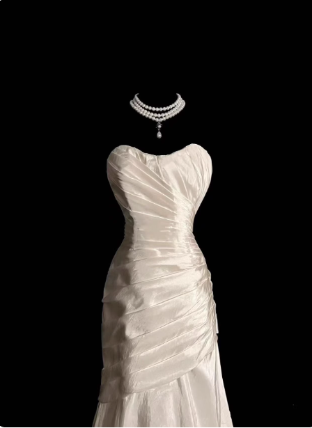 Vintage Elfenbein Meerjungfrau Trägerlos Gerafft Satin Langes Ballkleid Abendkleid P4506