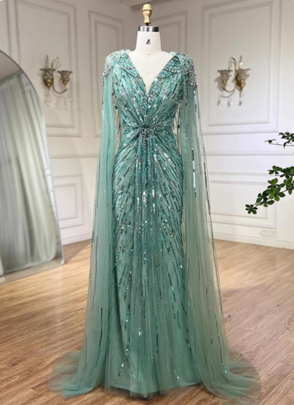 Wunderschönes mintgrünes tiefes V-Cape, perlenbesetztes Pailletten-Tüll-langes Ballkleid Abendkleid P4508