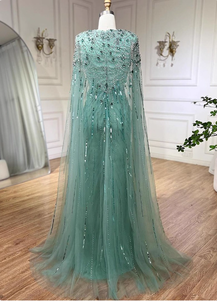 Gorgeous Mint Green Deep V Cape Beaded Sequin Tulle Long Prom Dress Evening Dress P4508