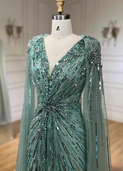 Wunderschönes mintgrünes tiefes V-Cape, perlenbesetztes Pailletten-Tüll-langes Ballkleid Abendkleid P4508