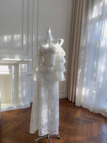 Elegantes weißes Meerjungfrauen-Abendkleid, schulterfrei, mit Spitze, lang, für den Abschlussball P4051
