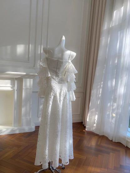Elegantes weißes Meerjungfrauen-Abendkleid, schulterfrei, mit Spitze, lang, für den Abschlussball P4051