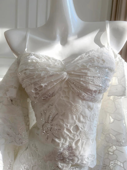 Elegantes weißes Meerjungfrauen-Abendkleid, schulterfrei, mit Spitze, lang, für den Abschlussball P4051
