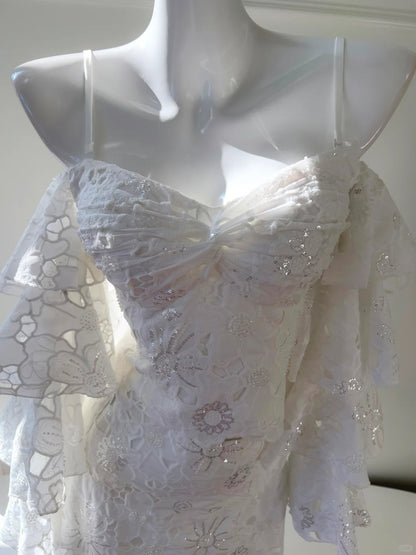 Elegantes weißes Meerjungfrauen-Abendkleid, schulterfrei, mit Spitze, lang, für den Abschlussball P4051