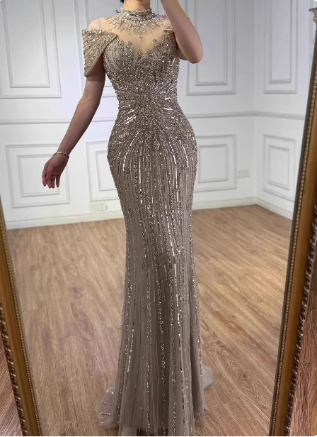 Vintage Champagne Brown Mermaid Stand Collar Shoulder Sleeve Full Diamond Sequin Tulle Long Prom Dress Evening Dress P4510