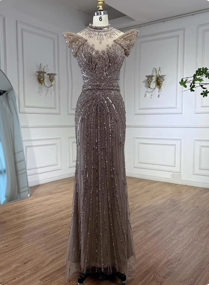 Vintage Champagnerbraun Meerjungfrau Stehkragen Schulterärmel Volldiamant Pailletten Tüll Langes Ballkleid Abendkleid P4510