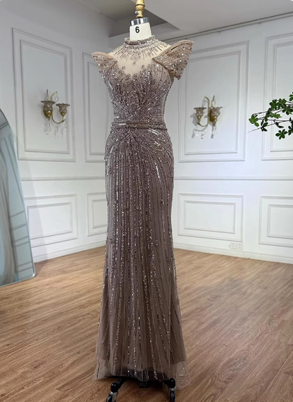 Vintage Champagnerbraun Meerjungfrau Stehkragen Schulterärmel Volldiamant Pailletten Tüll Langes Ballkleid Abendkleid P4510