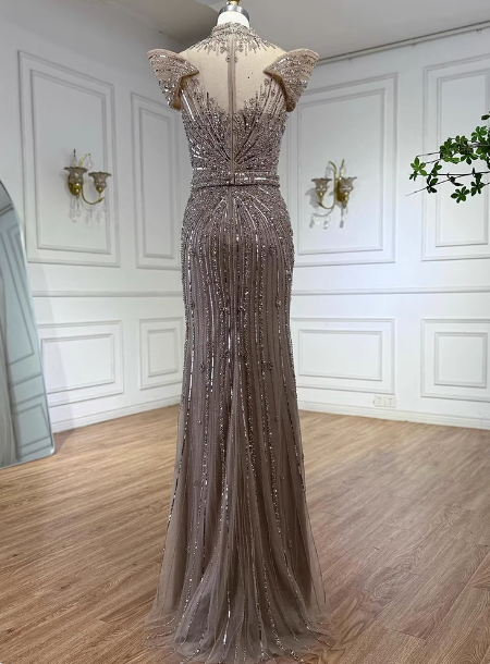 Vintage Champagne Brown Mermaid Stand Collar Shoulder Sleeve Full Diamond Sequin Tulle Long Prom Dress Evening Dress P4510
