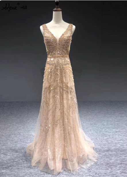 Luxurious Nude Pink A-line V-neck Beaded Embroidered Tulle Long Prom Dress Evening Dress P4511