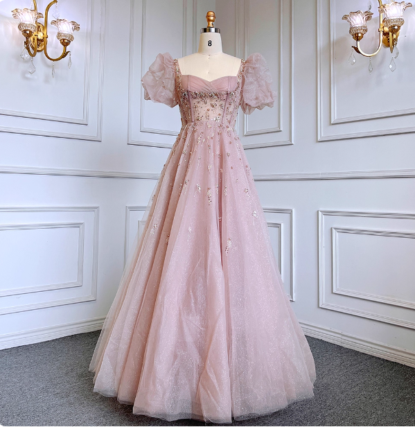 Princess Dreamy Pink A-line Square Neck Puff Sleeve Beaded Tulle Long Prom Dress Evening Dress P4512