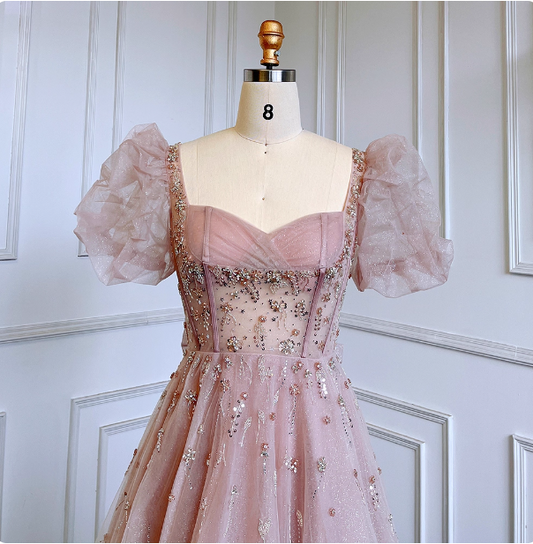Princess Dreamy Pink A-line Square Neck Puff Sleeve Beaded Tulle Long Prom Dress Evening Dress P4512